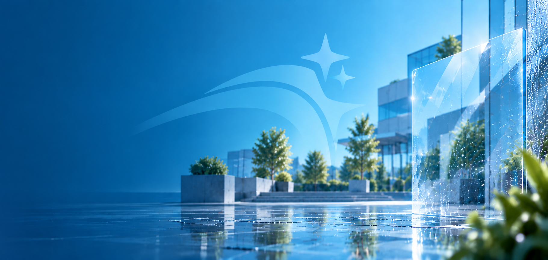 Moderne Glasfassade eines Bürogebäudes in blauem Licht