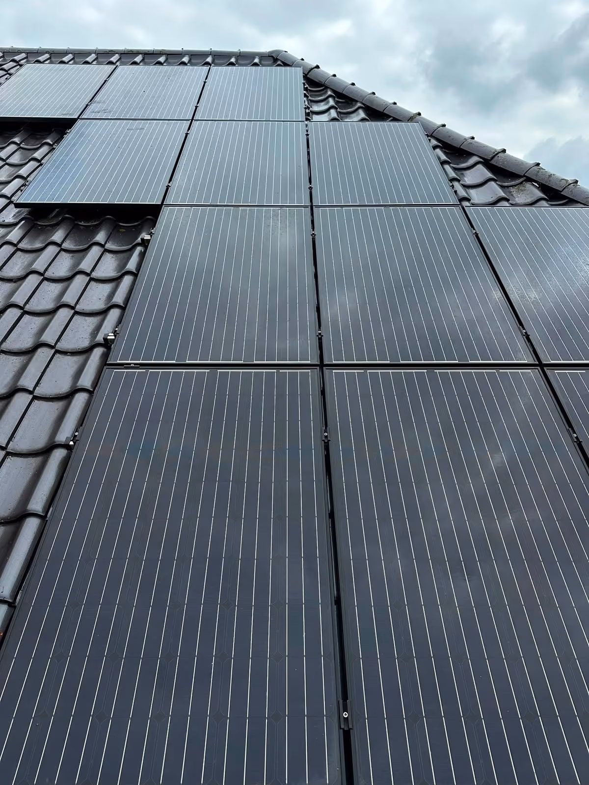 Saubere, dunkle Photovoltaik-Module auf dem Dach nach der Reinigung