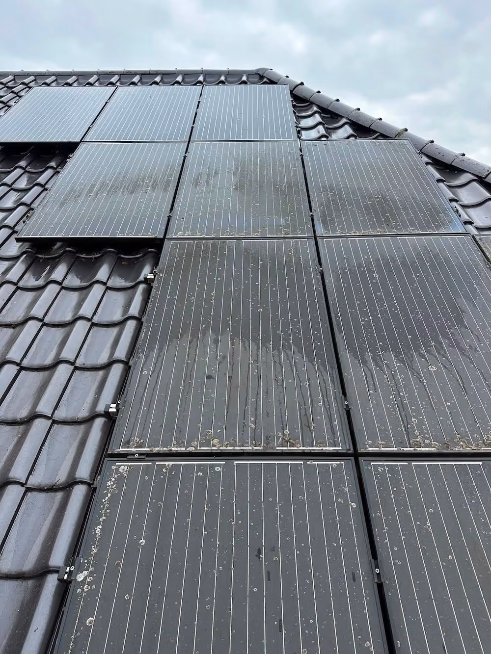 Veralgte und verschmutzte Photovoltaik-Module auf dem Dach vor der Reinigung